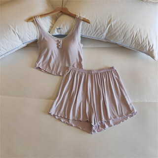 Goldlion法式蕾丝睡衣女春秋季带胸垫长袖四件套 3076.2吊带短裤浅紫 M