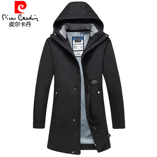 Pierre cardin mid-length windbreaker jacket for men spring, autumn and winter 2025 new hooded plus velvet high-end casual coat for men, black m 170