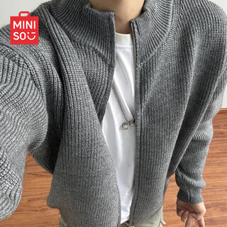 Miniso stand-up collar cardigan sweater men's casual american sweater men's trendy ins sweater jacket z light gray l