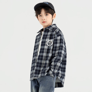 Duojia american little angel monogram boys' plaid shirt 2025 spring and autumn children's comfortable loose top navy blue plaid 160