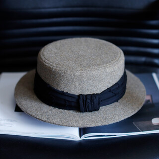 Tochino european and american retro autumn and winter wide-brim hat, high-end light luxury wool flat-top jazz hat, fashionable, elegant and warm, green coffee color m56-59cm adjustable