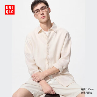 优衣库男装女装法国麻衬衫/长袖衬衣亚麻休闲477641 477641/30浅米色 M