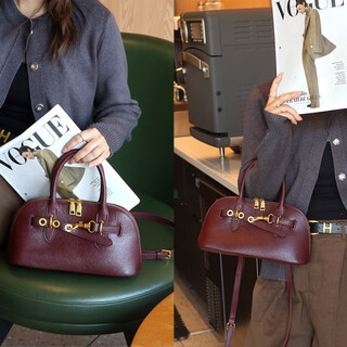 Lucentica first-layer cowhide shell bag retro handbag genuine leather bowling tote bag armpit bag fashionable shoulder crossbody bag anchor red