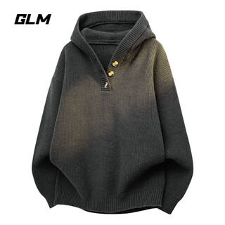 Glmglm american vintage henley collar hooded sweater men's autumn loose sweater jacket misty black gray l_120-140jin jin equals 0.5 kg