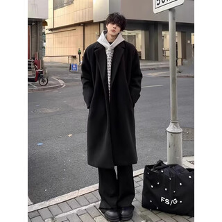 Shelley jones black mid-length woolen coat men's autumn and winter new high-end knee-length windbreaker british style ruffian handsome woolen coat black regular m recommended 80-100jin jin equals 0.5 kg