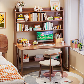 Huixun folding desk solid wood student home computer desk bedroom bedside study table with bookshelf small retractable desk walnut color #desk + bookshelf 80cm*60cm*75cm total height 190cm