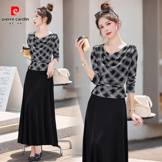 Pierre cardin european high-end fashion suit for women, new korean elegant style plaid top and skirt two-piece set, black and white plaid 2xl