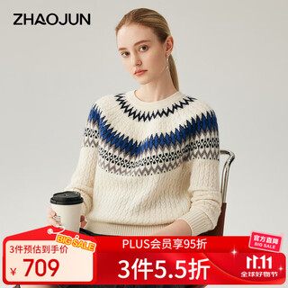 Zhaojun 2025 autumn and winter new fair isle jacquard cashmere sweater women's round neck long sleeve knit sweater thickened bottoming sweater cloud white xl