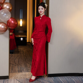 Xiangge engagement clothes women's new chinese style cheongsam winter clothes improved toast clothes 2025 new bride wedding dress mermaid back burgundy long sleeve quick hair 2xl