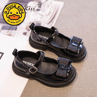 G.duck girls black leather shoes spring and autumn genuine leather flower girl school shoes british style children's bow performance shoes soft sole student shoes black 26