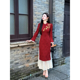 Spring man (tanhuangren) 2025 new chinese style jin'an new chinese jacquard embroidery splicing fake two piece cheongsam dress red fake two piece m