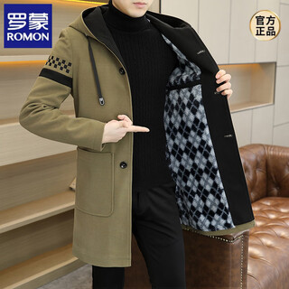 Romon windbreaker men's mid-length velvet thickened woolen coat 2025 autumn and winter new woolen coat large size hooded top khaki m