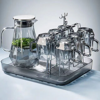 Fat donglai nordic high-end high-temperature resistant diamond teapot glass water cup living room kettle cup cup holder light luxury home set cigarette ash 1 pot 6 cups + silver deer cup holder + tray