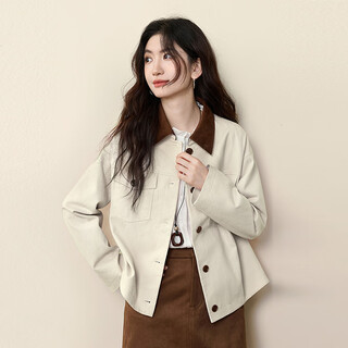 Xishijie (sllsky) barn style lapel high-end denim jacket 2025 autumn new retro loose fashion jacket women's tops apricot white l
