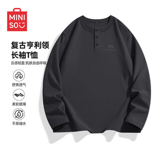Miniso henley collar long-sleeved t-shirt for men 2025 new autumn american trendy brand bottoming shirt men's tops spring and autumn dark gray (mt simple american chest label) 3xl (weight 180-205jin jin is equal to 0.5 kg)