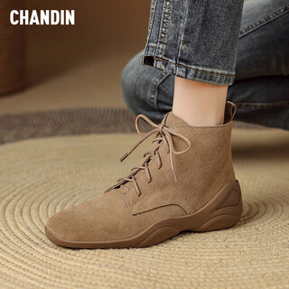 Asamachi frosted cowhide short boots for women 2025 new autumn and winter wedge heel mid-heeled shoes lace-up genuine leather british style martin boots for women apricot 37