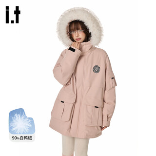 Ground zero unisex workwear wind sleeve wall badge series design 90 white duck down hooded down jacket pink 2xl