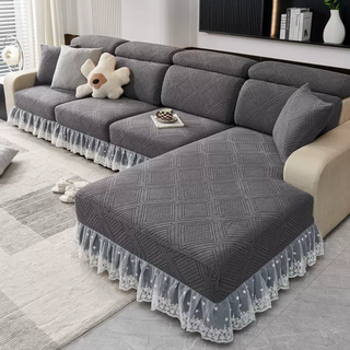 Yusenyi sofa cover full coverage three seats one chaise lace skirt universal elastic seat cushion for all seasons dustproof warm sun dark gray large single width 6585x length 95125x height 520