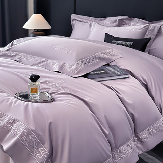 Mercury series light luxury pure cotton embroidered bed four-piece set 100% cotton 2025 new quilt cover sheets master bedroom all-season bedding wheat sui-light elegant purple 100 count class a 1.8 bed style four-piece set/quilt cover 200x230cm