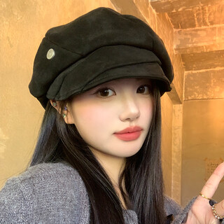 Nastyren shark japanese retro pleated black beret for women without makeup, versatile big head circumference painter hat showing face small newsboy hat trendy black one-size-fits-all