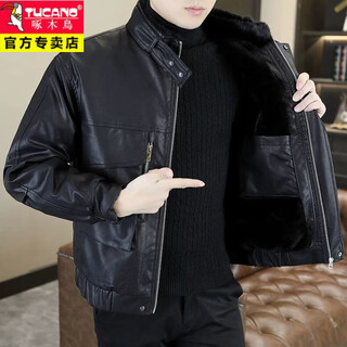 啄木鸟（TUCANO）冬季青年男士皮衣加绒加厚皮夹克帅气皮棉袄皮毛一体防寒冬装外套 黑色【收藏加购优先发货】 XL 建议120-135斤