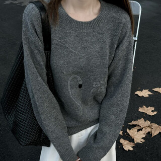 Baoye round neck 100% wool sweater pullover sweater for women autumn and winter style inner layering shirt loose and versatile knitted sweater top retro gray one size