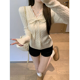 Rangwu sweater women's long-sleeved tops, stylish 2026 new autumn and winter bottoming sweaters, sweaters that can be worn outside, v-neck high-end, white apricot twist v-neck sweaters, one size fits all