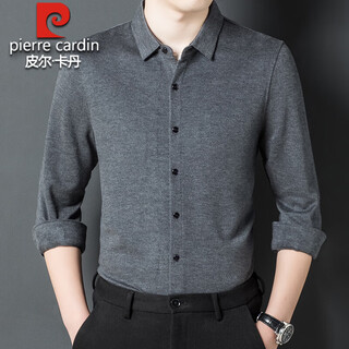 Pierre cardin autumn and winter high-end 100% pure wool shirt men's long-sleeved thickened warm middle-aged dad business casual shirt medium gray without plush 668 models m 165 100-120jin jin equals 0.5 kg