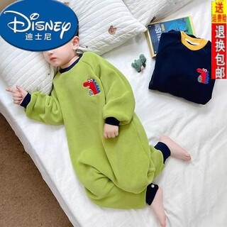 Disney boys' dinosaur one-piece pajamas long sleeve winter autumn and winter children's cold baby baby warm sleeping bag home clothes grass green 90