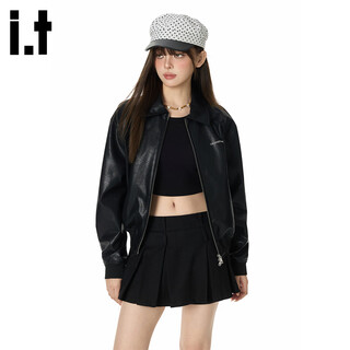 GROUND ZERO秋季新款logo字母刺绣皮夹克辣妹风女士外套 黑色 S