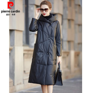 Pierre cardin haining sheepskin genuine leather long down jacket leather jacket women 2025 winter new hooded casual straight leather jacket black long version 4xl recommended 151-165 jin jin equals 0.5 kg