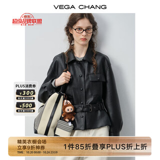 Vega chang leather jacket women's 2025 new autumn lapel short belted waist motorcycle jacket top matt night black m