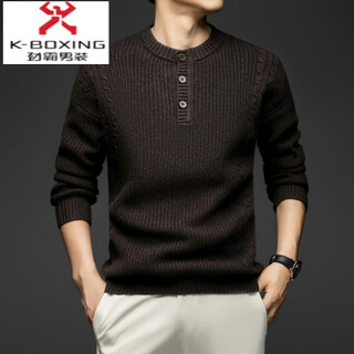 Kbxng retro thickened pure wool sweater men's winter henley collar wide version loose twisted thick wool warm sweater dark brown s 165