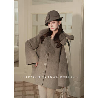 Dupipitao original gray tone movie autumn and winter french gradient fur collar light luxury coat shorts jacket + shorts + fur collar s