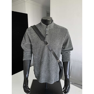 Luyard american right-shoulder henley sweatshirt men's autumn high street cleanfit long-sleeved trendy texture jacquard polo top gray xl