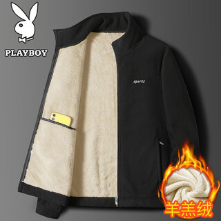 Playboy jacket men's autumn and winter fleece jacket thickened middle-aged and elderly warm lambswool jacket black 3xl