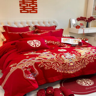Mercury series wedding four-piece set festive red pure cotton double happiness dragon and phoenix quilt cover sheets new wedding wedding bedding double happy dragon and phoenix-big red 1.8m bed sheet style four-piece set quilt cover 200 230cm