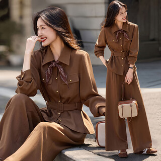 Awakening paradise, age-reducing and slimming, fashionable two-piece set, autumn fashion shirt jacket, straight wide-leg trousers, women's suit, khaki s