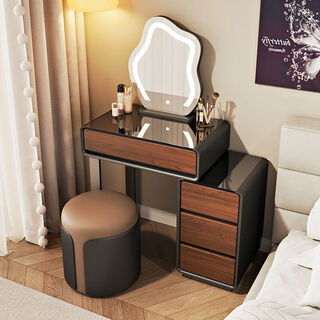 Small apartment solid wood dressing table bedroom modern simple high-end solid wood glass bedroom dressing table modern simple jisenjia brand authorization/medieval style/wood grain color 70cm table + 30cm cabinet + mirror + color matching round stool