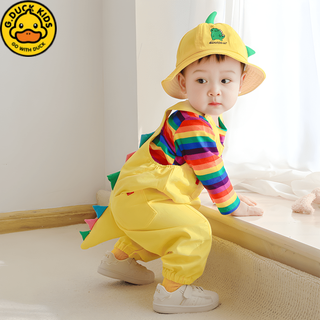 G.duckkids baby spring and autumn thin pure cotton children's dinosaur clothes spring male and female baby suit summer children's overalls rainbow top + yellow dinosaur overalls + hat 80cm