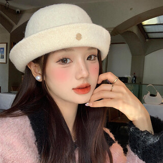 Ningyue jingyou french retro turned-brimmed woolen fisherman hat, feminine style, ladylike style, elegant big head circumference, face-showing small gift hat, off-white m (56-58cm)