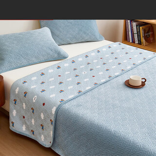 Double-sided cotton baby velvet quilted bed cover, thickened anti-slip autumn and winter tatami kang cover, blue, one side pure cotton + one side, baby velvet, 150*200cm single piece bed cover