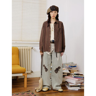 Octopusme octopus home color button striped long sleeve lapel shirt women's autumn bottoming layer shirt khaki stripe l