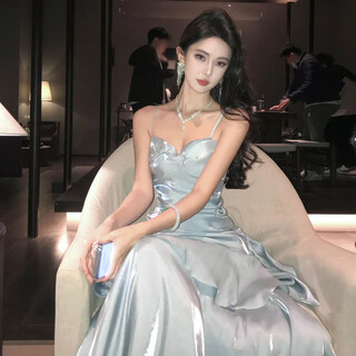 Vnxifm mermaid ruffled high-end suspender dress adult ceremony banquet dress long skirt looks slim and elegant moonlight gray l