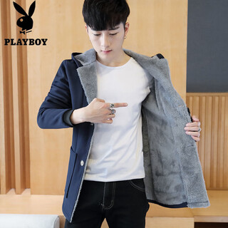 Playboy (playboy) velvet windbreaker men's coat jacket mid-length hooded cotton coat thickened coat korean style trendy coat autumn and winter blue button style velvet 6xl 190-215jin jin is equal to 0.5 kg