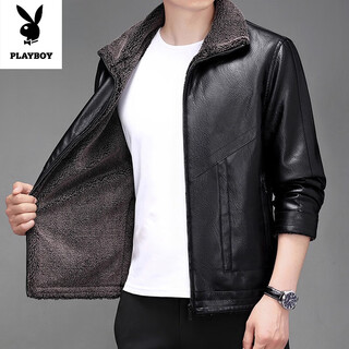 Playboy (playboy) velvet leather jacket men's pu leather business fashion casual trend spring and autumn new men's leather jacket black m