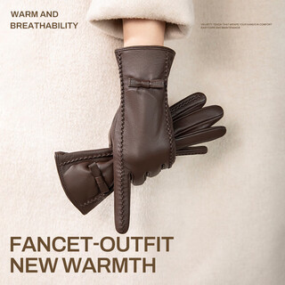 Fancet sheepskin gloves for women winter velvet warm finger gloves driving touch screen bow leather gloves gift box