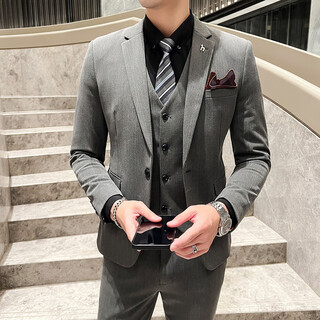 Less is more lilang men's suit suit fashion slim business casual suit three-piece wedding groom dress formal dark gray single suit xl