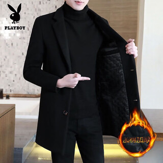 Playboy 2025 genuine men's extra large size fat high-end medium-length woolen coat for men with cotton and thickening solid color woolen coat black with cotton thickened 5xl wearing 195jin jin is equal to about 0.5 kg