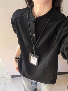 Yingtang shoulder polo shirt sweatshirt for men and women, autumn henley collar long-sleeved t-shirt, cleanfit inner layering shirt, black m